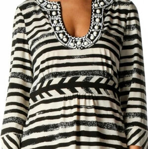 BCBGMAXAZRIA Tunic Top 3/4 Sleeve Striped Beaded Neckline Women's Medium